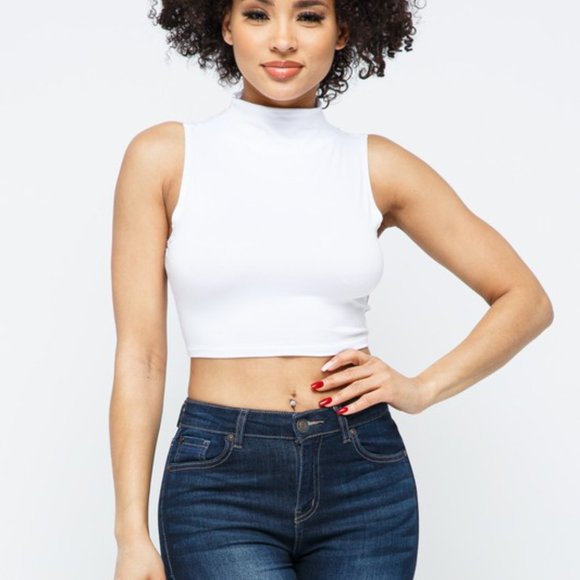 Women's High Neck Crop Tops Basic Racer Back Cropped Tank Sleeveless Shirts - Picture 6 of 7